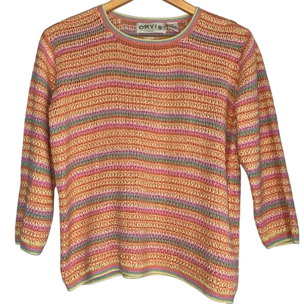 Orvis Rainbow Open Knit Sweater Cottagecore Coastal Grandma Striped Medium Ramie